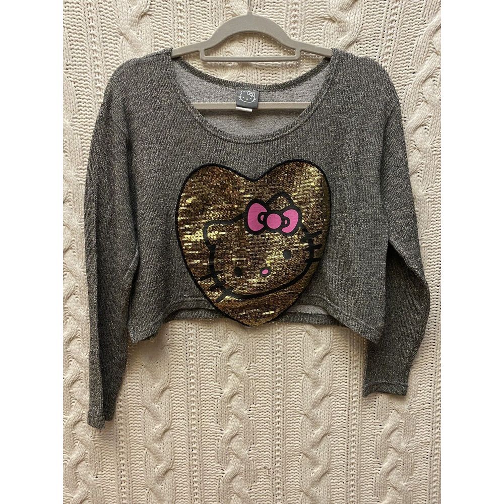 Hello Kitty Grey Crop Top L/S Gold Sequin‎ Logo XL-probably Junior Size